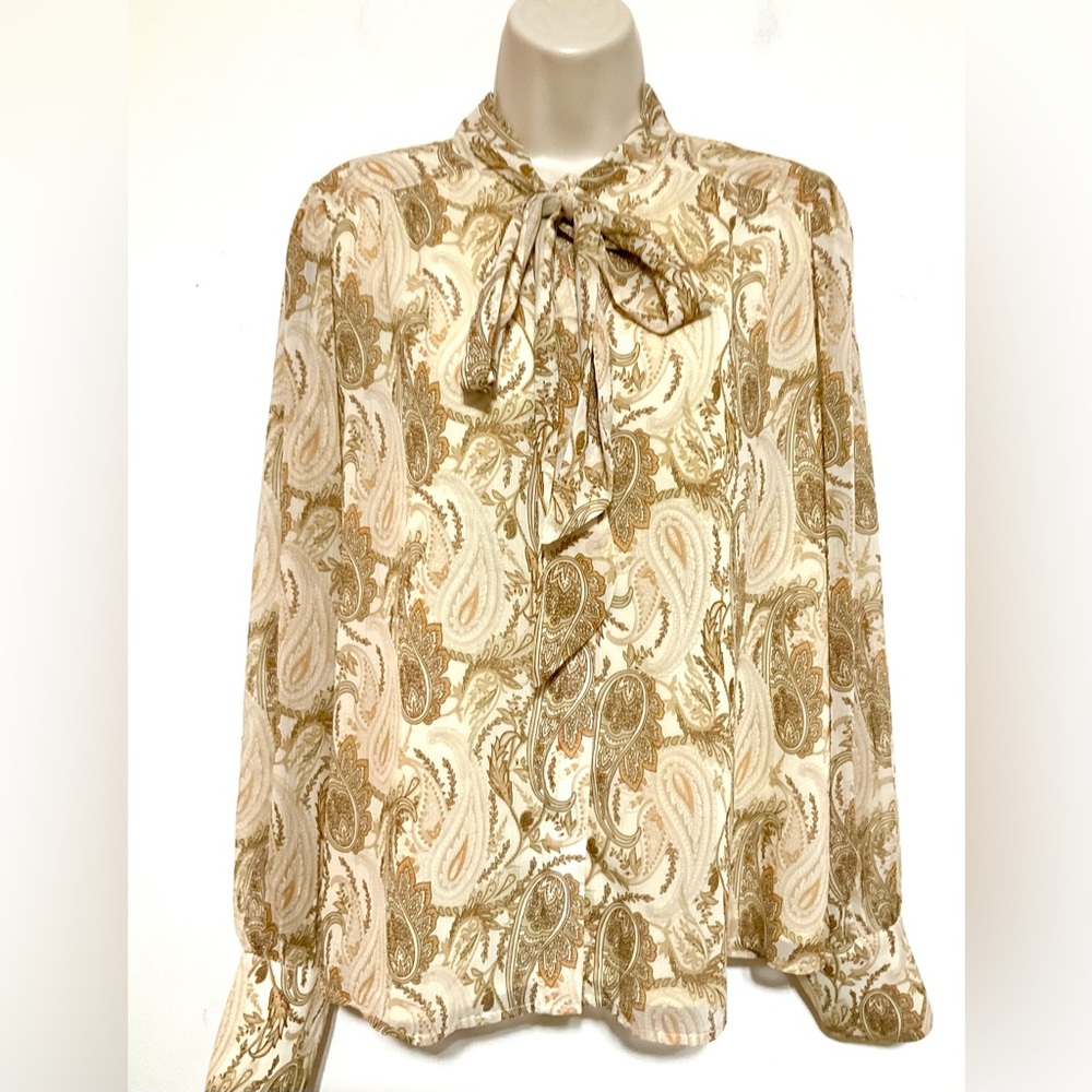 Women's Joie Cream and Gold Paisley Tie-Neck Blouse long sleeve